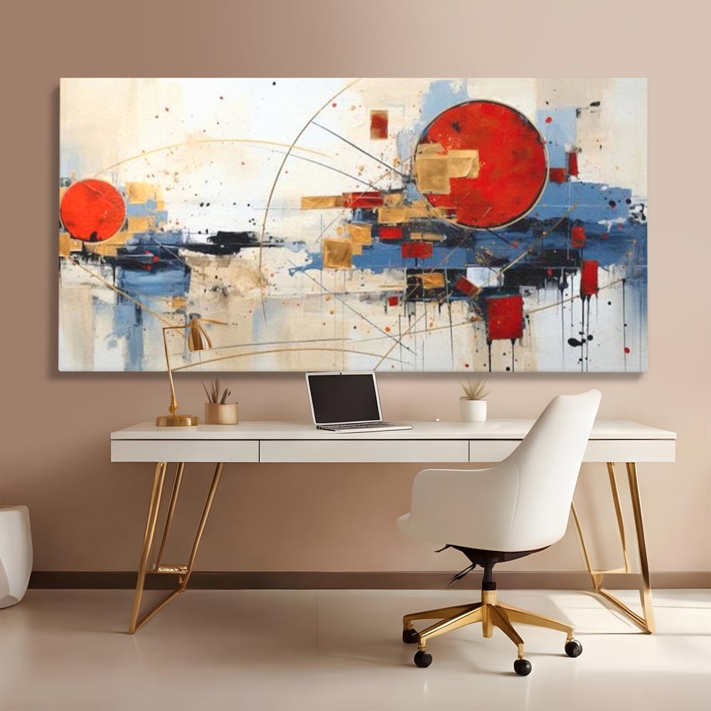 Tablou canvas cu tablou abstract cu cerc rosu si linii, fara rama, pe sasiu de lemn, pe perete intr-un birou